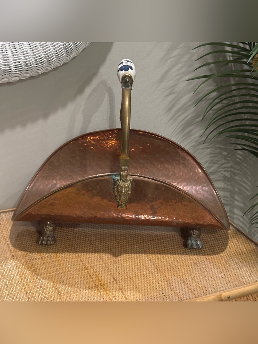 Vintage hammered Copper Log Basket, Brass Lion with ceramic & brass handle